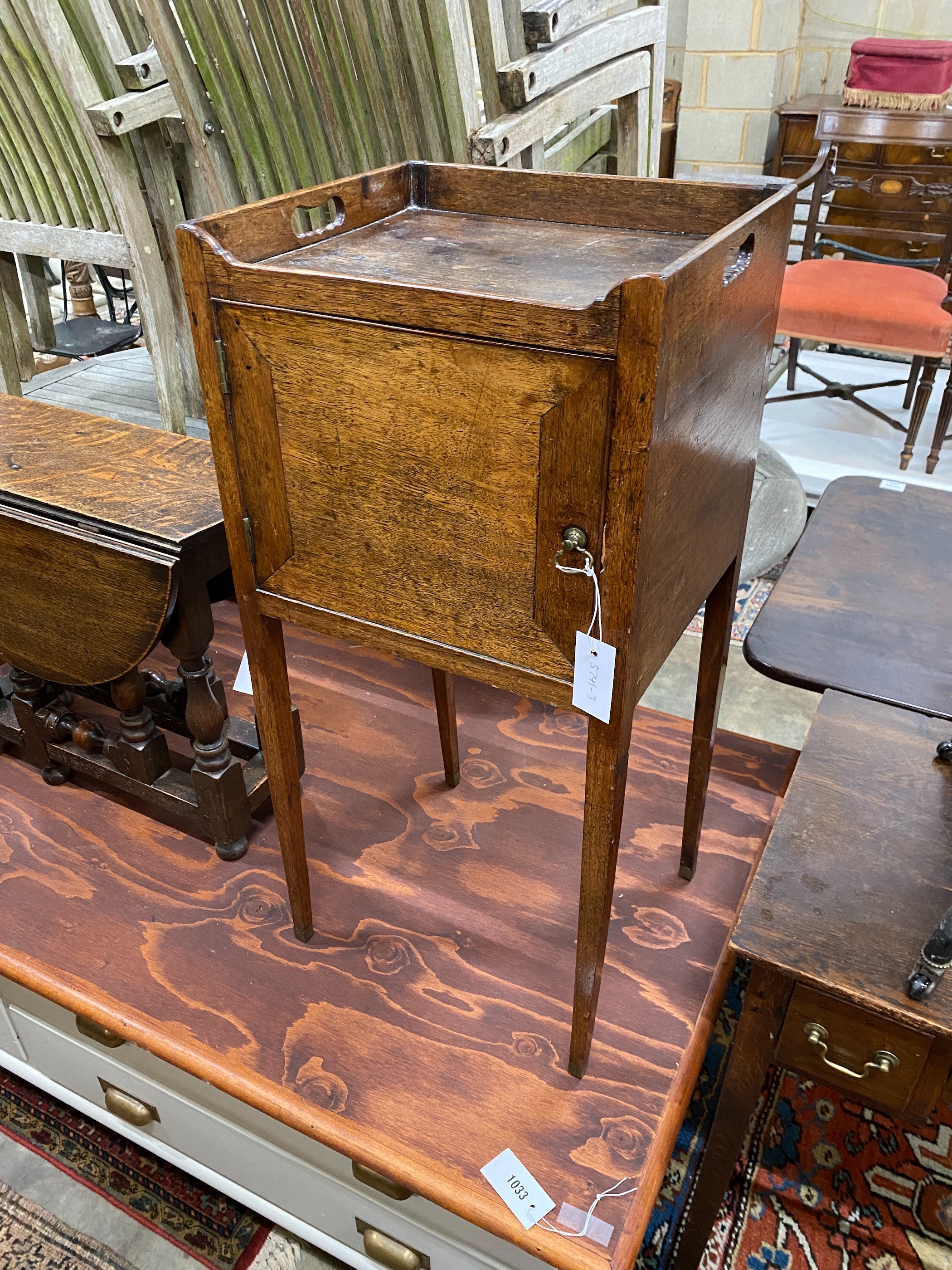 A George III mahogany bedside cabinet, width 38cm, depth 33cm, height 81cm